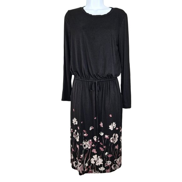 Black Floral Womens Midi Dress With Drawstring Waist Size Med Career Dinner - Picture 5 of 11